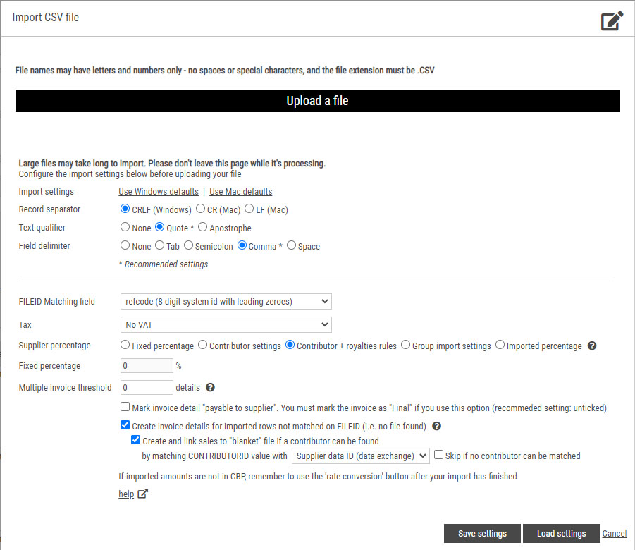 Sales report import dialog