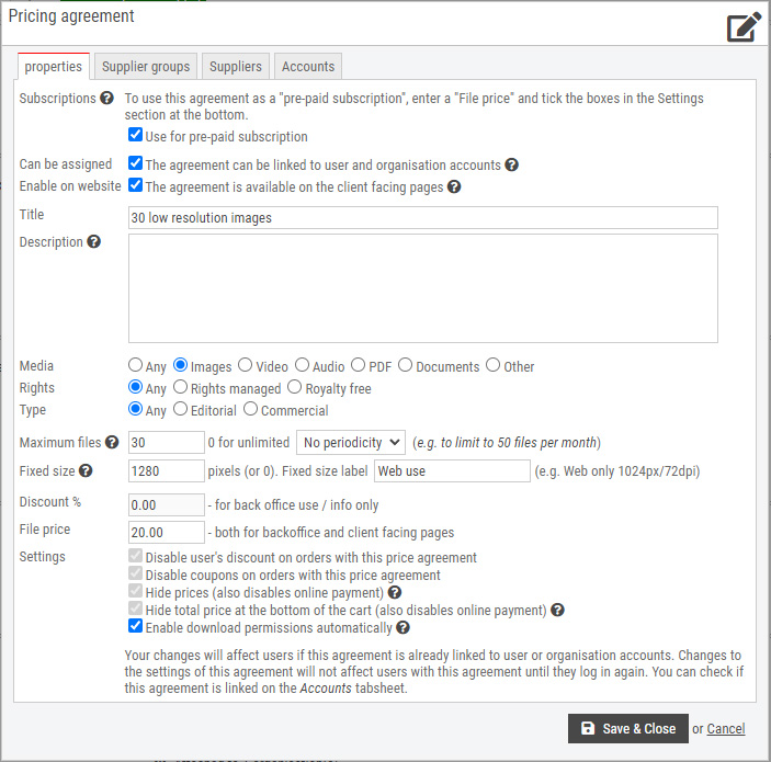 price agreement dialog