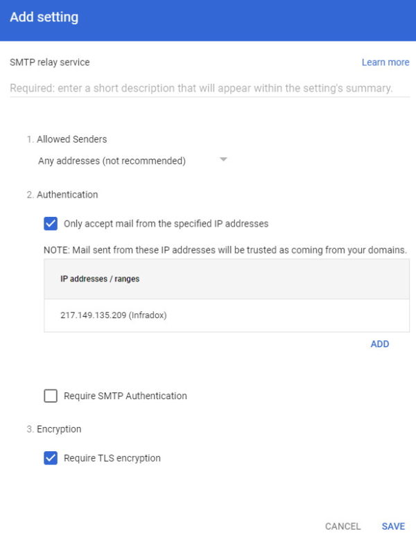 Configure Google Workspace for website mail relay Infradox